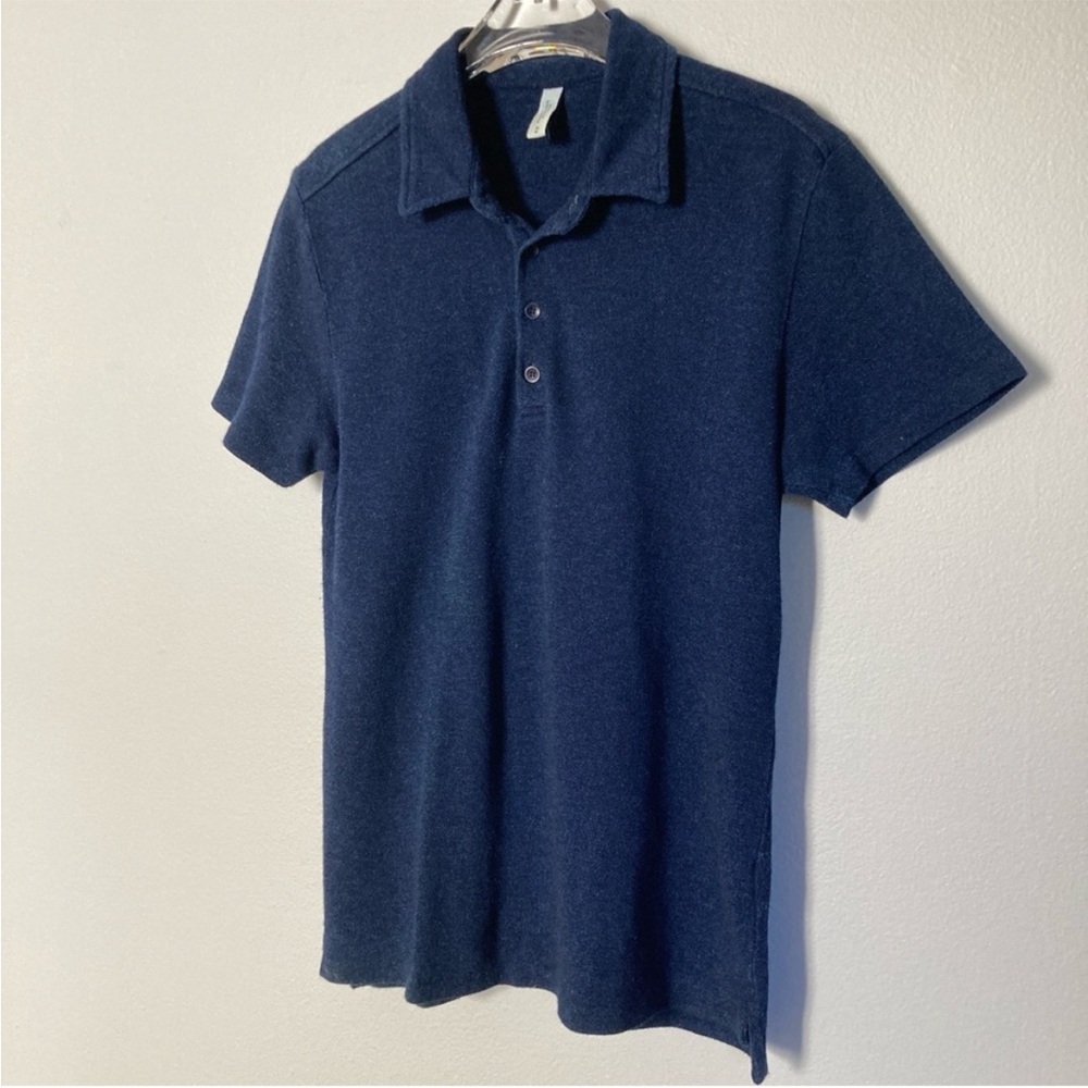 Frank & Oak Polo Shirt Mens Medium Indigo Garment Dyed Pique Knit Short Sleeve